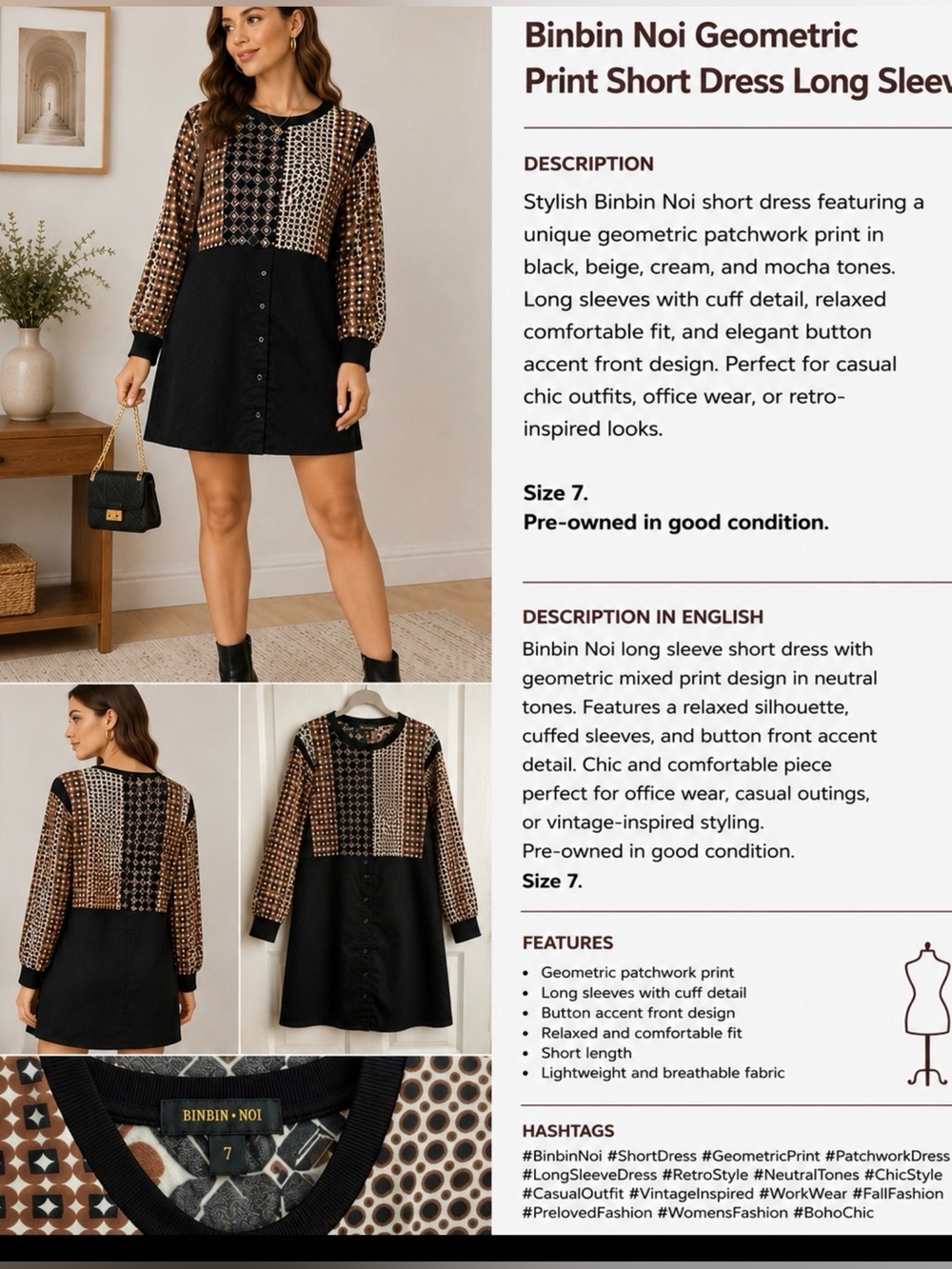Binbin Noi Geometric Print Short Dress Long Sleeve